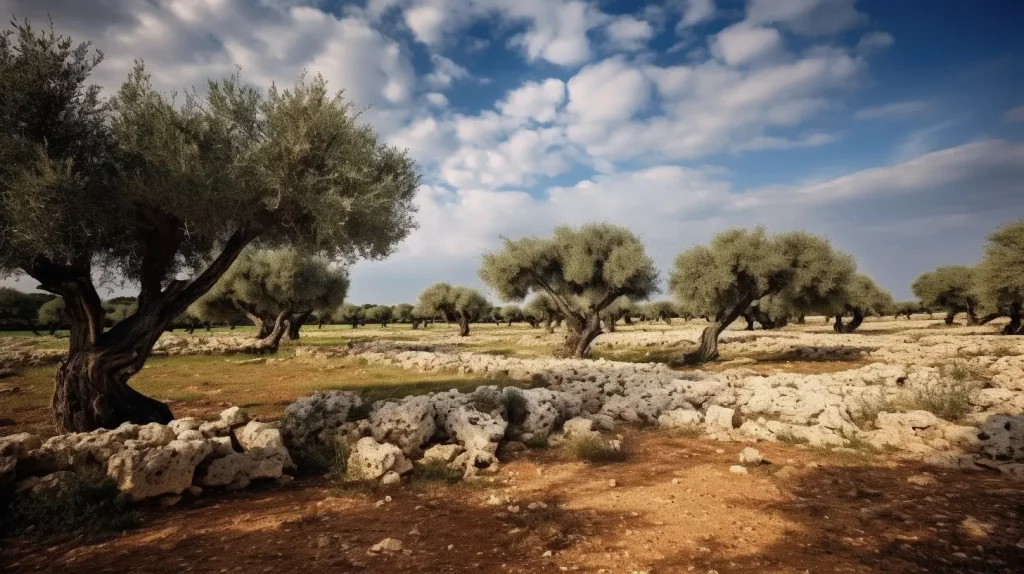 Ein weites Feld von Olivenbäumen, das sich bis zum Horizont im Herzen von Salento in Apulien erstreckt