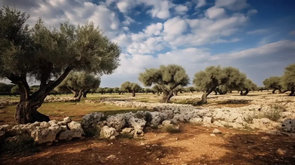 A vast field of olive trees extending to the horizon in the heart of Salento in Puglia