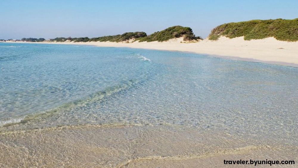 Spiaggia di Punta prosciutto, sabbia bianca e fine e scogliera