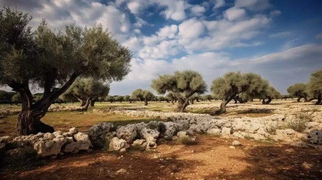 Vasto campo di ulivi che si estende fino orizzonte nel cuore del Salento in Puglia
