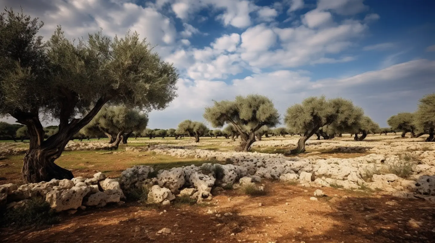 Vasto campo di ulivi che si estende fino orizzonte nel cuore del Salento in Puglia