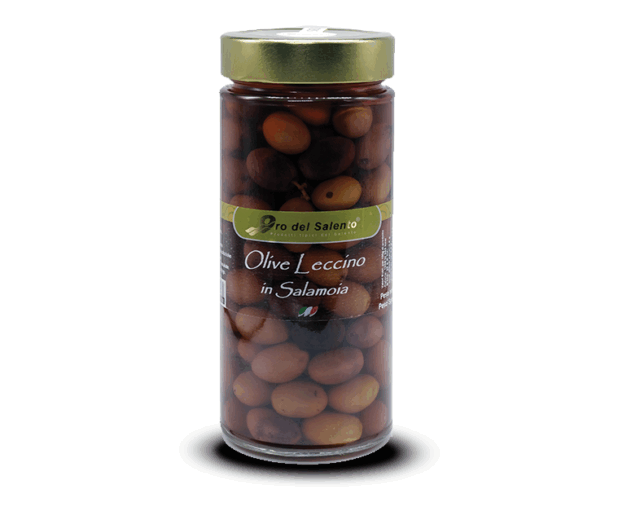 Leccino olives in brine in a glass jar