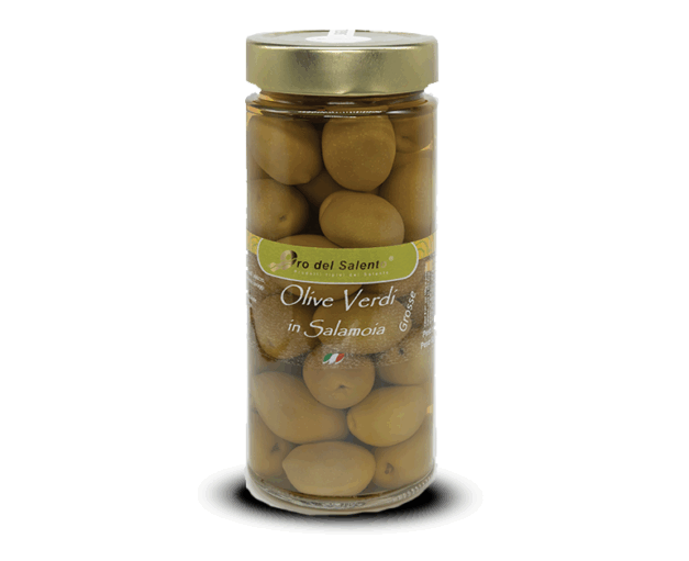 Large green olives in brine in a glass jar
