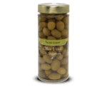 Green olives in brine in a glass jar