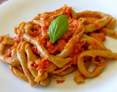 Sagne 'ncannulate with tomato sauce, typical pasta from Salento.