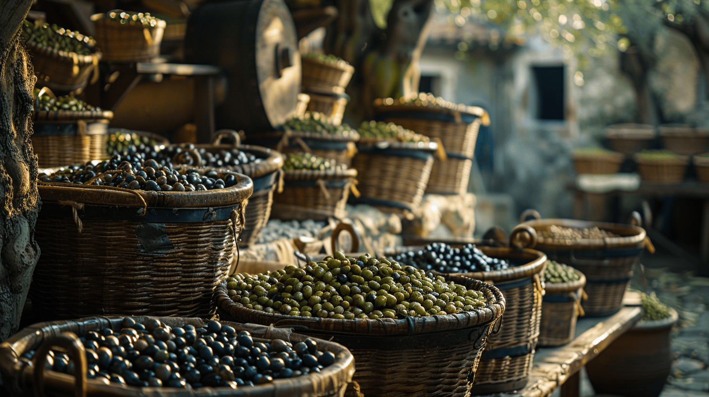 vari tipi di olive raccolte nei cesti